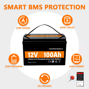 LiFePO4 მზის ენერგიის შესანახი დენის ბატარეა 12V 100Ah